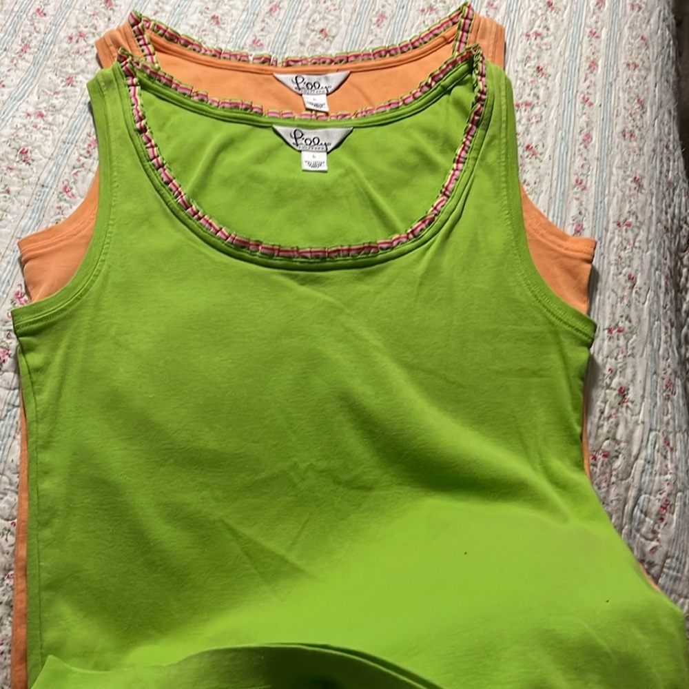 Two Lilly Pulitzer sleeveless cotton t shirts w/ colorful ribbon neckline